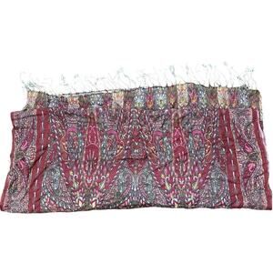 Vintage Paisley Fringe Scarf Red Gray Boho Chic Lightweight Wrap Shawl